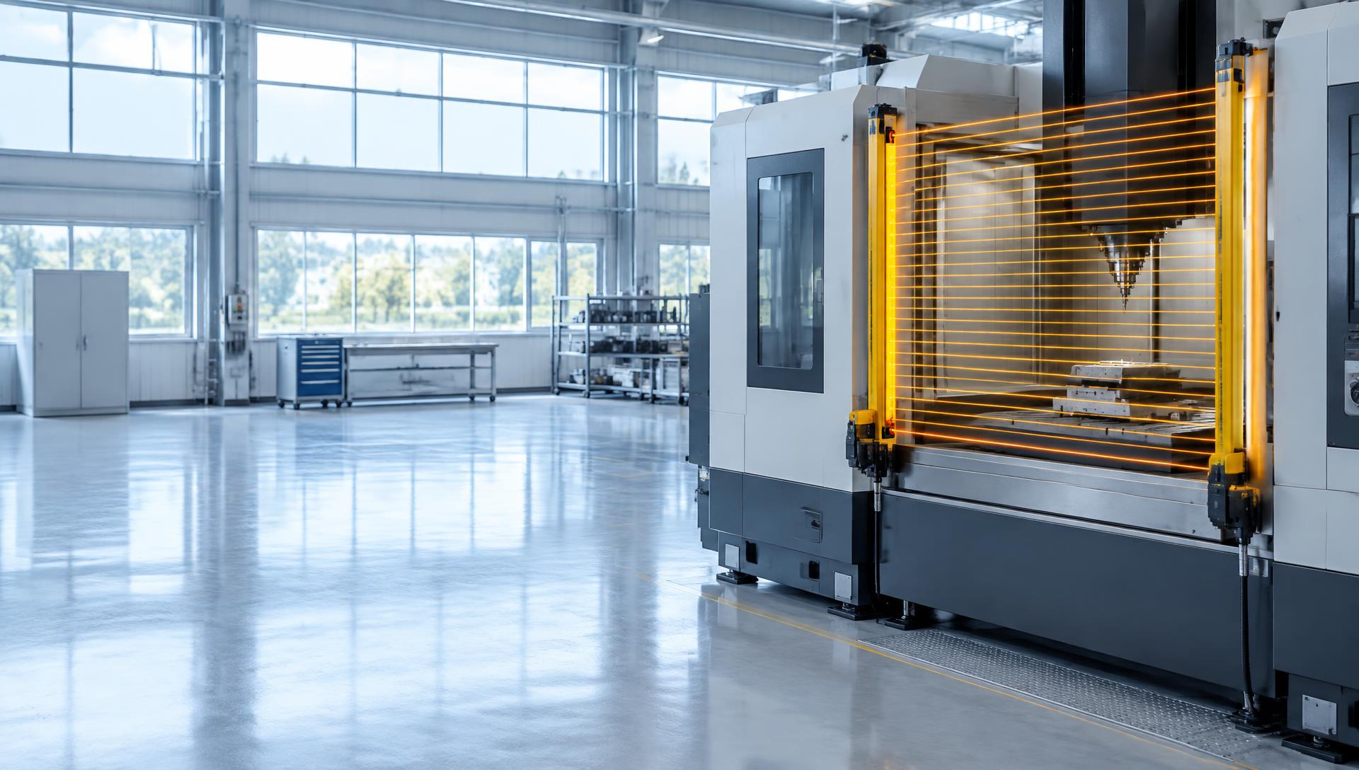 Helle Fertigungshalle mit CNC-Maschine und gelber Lichtvorrichtung